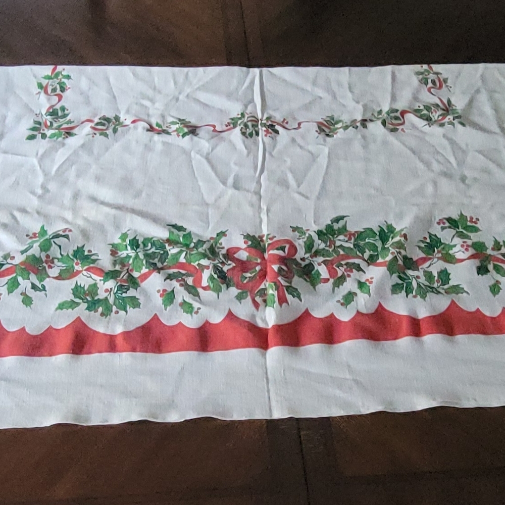 Vintage Christmas Tablecloth with Holly and Ribbon Design, 48in X 57in